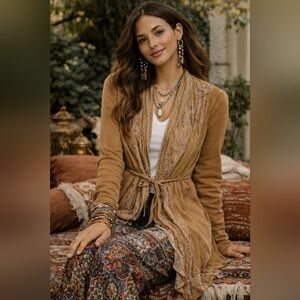 Johnny Was Waterfall Layering Cardigan Brown Embroidered Boho Size XS